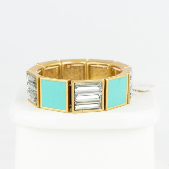 Turquoise Enamel Cut Crystal Stretch Bracelet Gold Tone Lia Sophia Designer Line - Picture 2 of 5